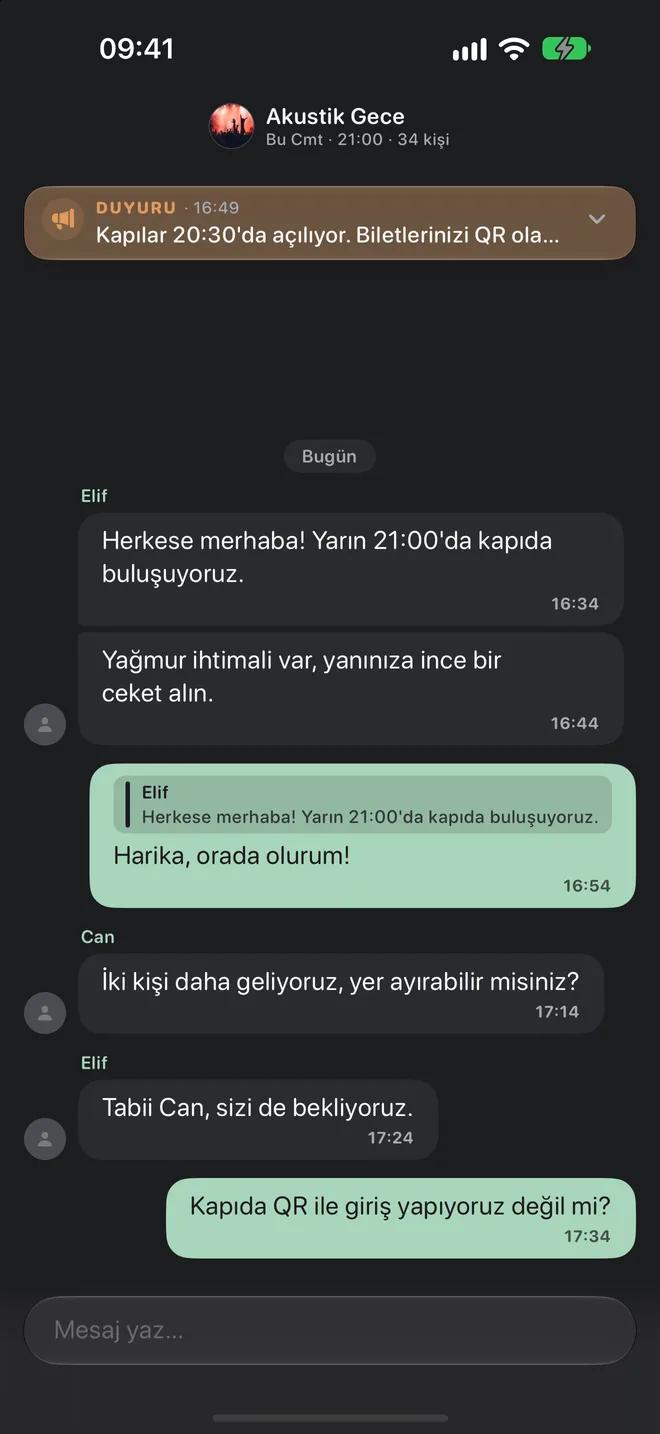 Etkinlik sohbeti ekranı