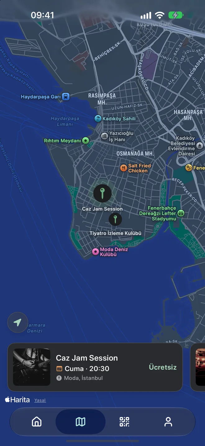 Harita ekranı: Kadıköy'deki etkinlik pinleri