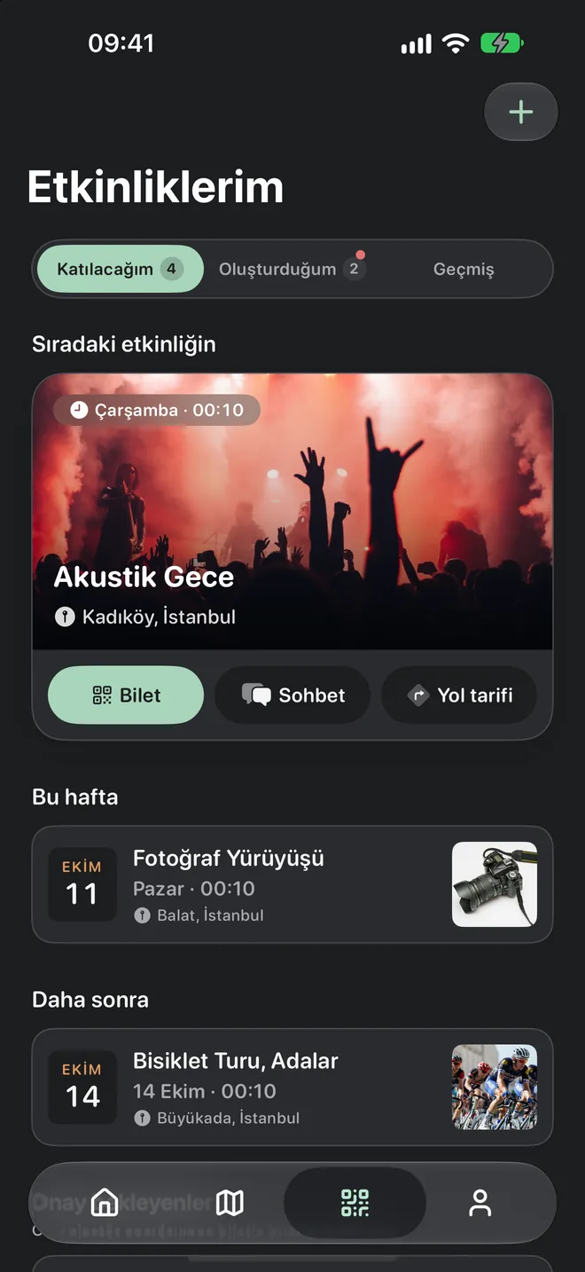 Etkinliklerim ekranı: sıradaki etkinlik ve bu haftaki planlar