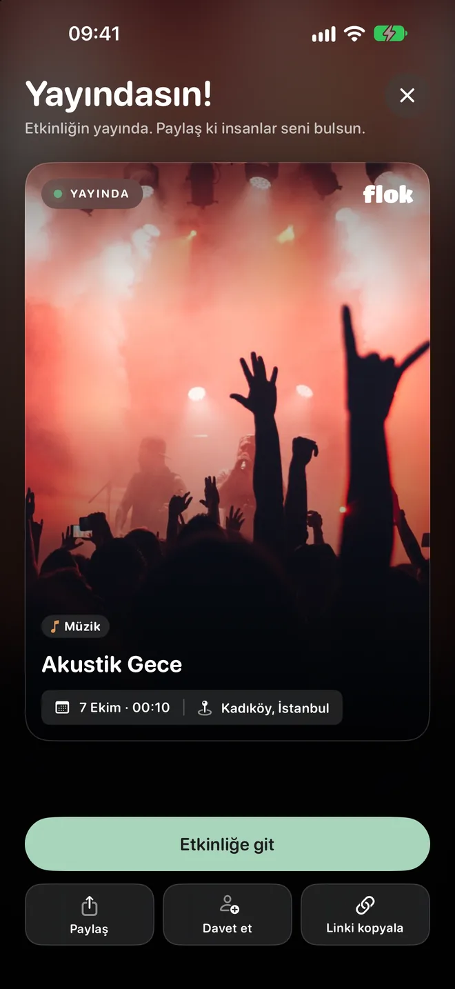 Etkinlik yayınlandı ekranı ve paylaşım posteri