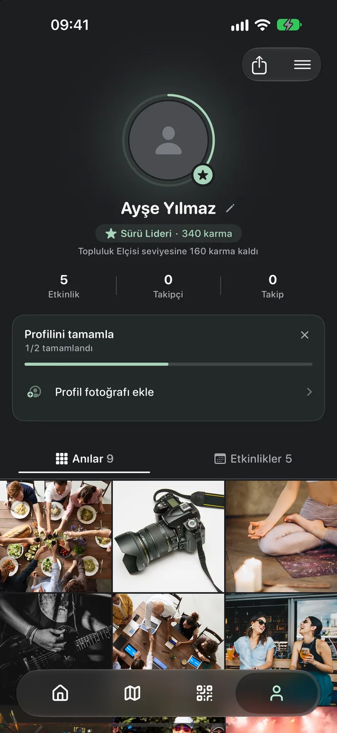 Profil ekranı: karma puanı ve etkinlik anıları